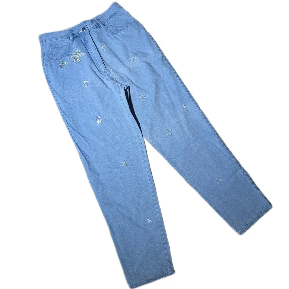 Vtg 1990s Together Blue Floral Embroidered High Rise Tapered Mom Jeans 10 NWT